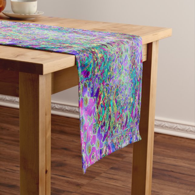 Trippy Abstract Pink and Purple Flowers Short Table Runner (In Situ)
