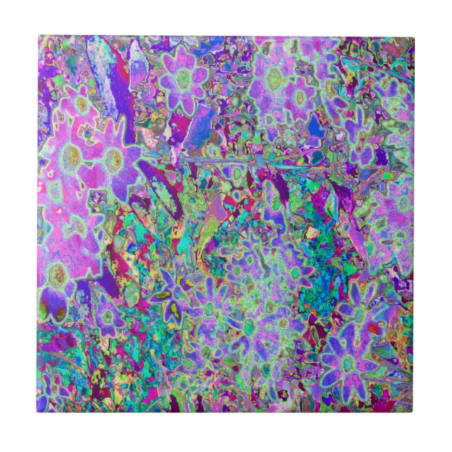 Trippy Abstract Pink and Purple Flowers Tile (Front)