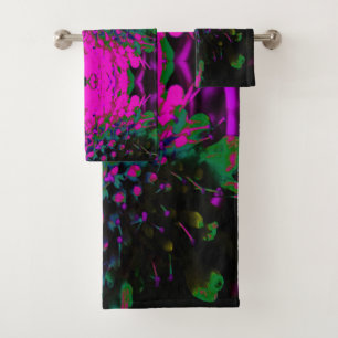 Trippy Abstract Retro Hot Pink and Black Flower Bath Towel Set