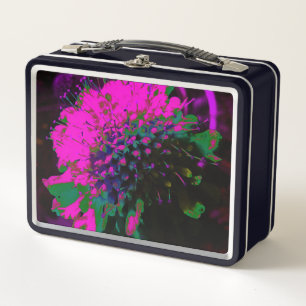 Trippy Abstract Retro Hot Pink and Black Flower Metal Lunch Box
