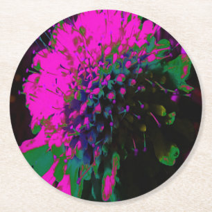 Trippy Abstract Retro Hot Pink and Black Flower Round Paper Coaster