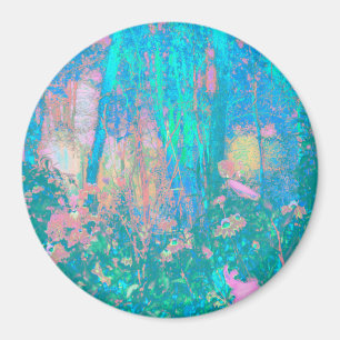 Trippy Aqua Sunrise with Psychedelic Flowers Magnet