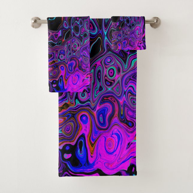 Trippy Black and Magenta Retro Liquid Swirl Bath Towel Set (Insitu)