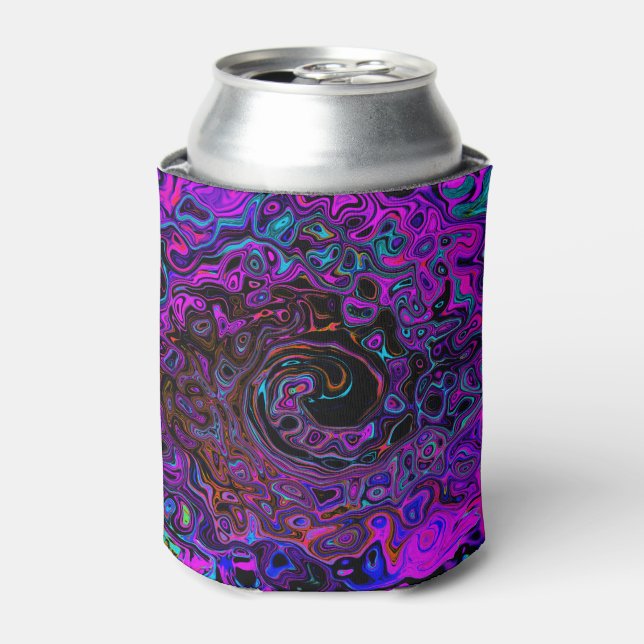 Trippy Black and Magenta Retro Liquid Swirl Can Cooler (Can Front)