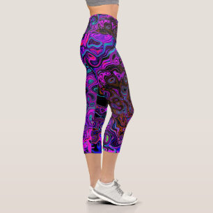 Trippy Black and Magenta Retro Liquid Swirl Capri Leggings