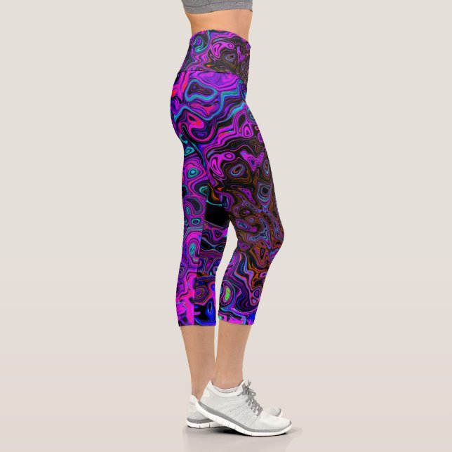 Trippy Black and Magenta Retro Liquid Swirl Capri Leggings (Right)