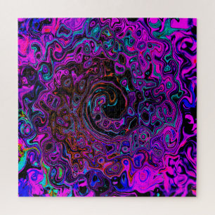 Trippy Black and Magenta Retro Liquid Swirl Jigsaw Puzzle