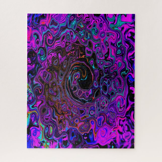 Trippy Black and Magenta Retro Liquid Swirl Jigsaw Puzzle (Vertical)