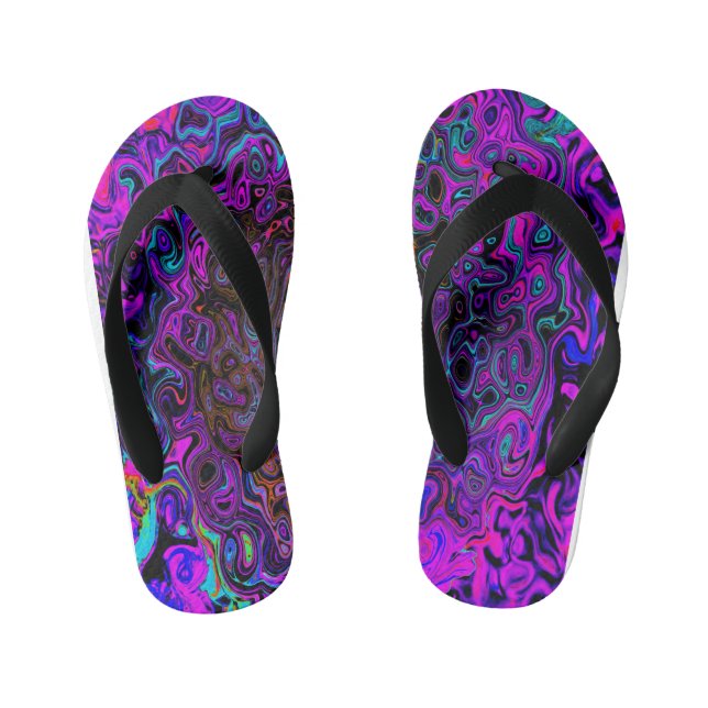 Trippy Black and Magenta Retro Liquid Swirl Kid's Flip Flops (Footbed)