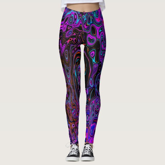 Trippy Black and Magenta Retro Liquid Swirl Leggings (Front)