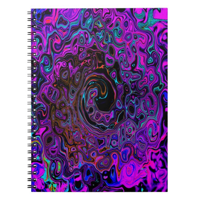Trippy Black and Magenta Retro Liquid Swirl Notebook (Front)