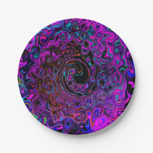 Trippy Black and Magenta Retro Liquid Swirl Paper Plate