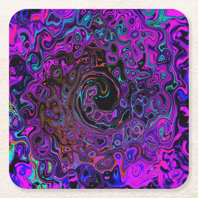 Trippy Black and Magenta Retro Liquid Swirl Square Paper Coaster (Front)