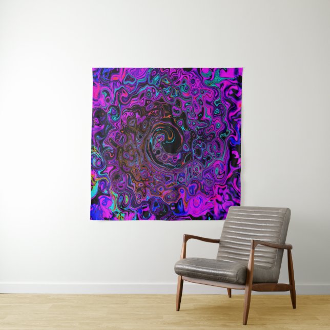 Trippy Black and Magenta Retro Liquid Swirl Tapestry (In Situ)