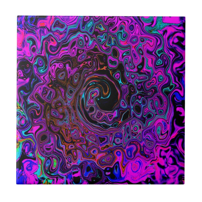 Trippy Black and Magenta Retro Liquid Swirl Tile (Front)