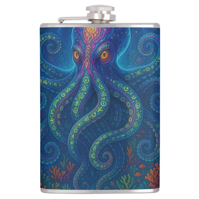 Trippy Blue Octopus  Hip Flask (Front)
