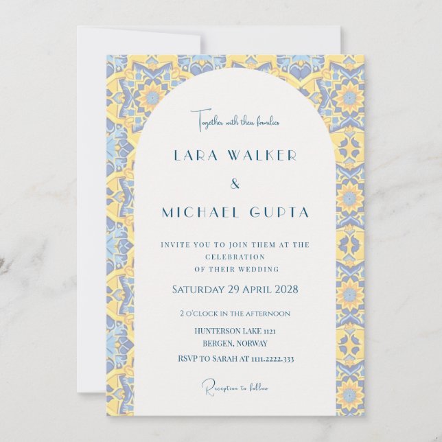 Trippy Bright Blue And Yellow Italian Tile Wedding Invitation (Front)