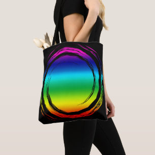 Trippy Bright Rainbow Swirling Circle on Black Tote Bag