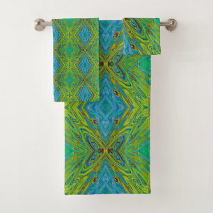 Trippy Chartreuse and Blue Abstract Butterfly Bath Towel Set