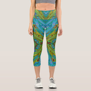 Trippy Chartreuse and Blue Abstract Butterfly Capri Leggings