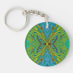 Trippy Chartreuse and Blue Abstract Butterfly Key Ring
