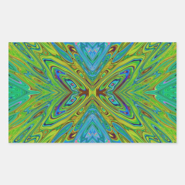 Trippy Chartreuse and Blue Abstract Butterfly Rectangular Sticker (Front)