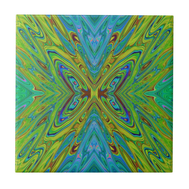 Trippy Chartreuse and Blue Abstract Butterfly Tile (Front)