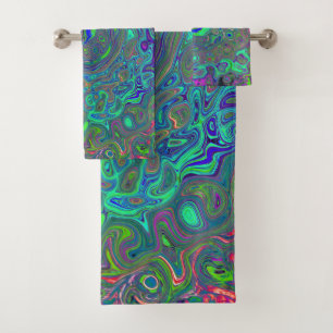 Trippy Chartreuse and Blue Retro Liquid Swirl Bath Towel Set