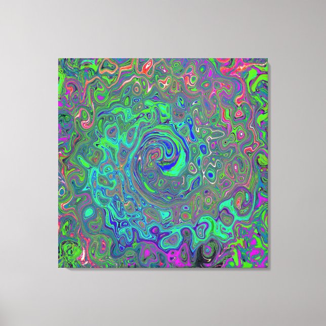Trippy Chartreuse and Blue Retro Liquid Swirl Canvas Print (Front)