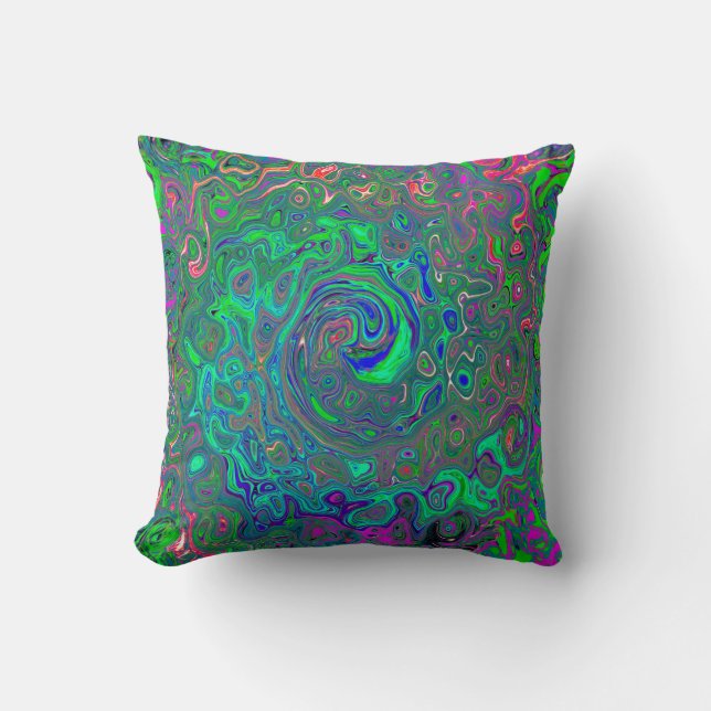 Trippy Chartreuse and Blue Retro Liquid Swirl Cushion (Front)
