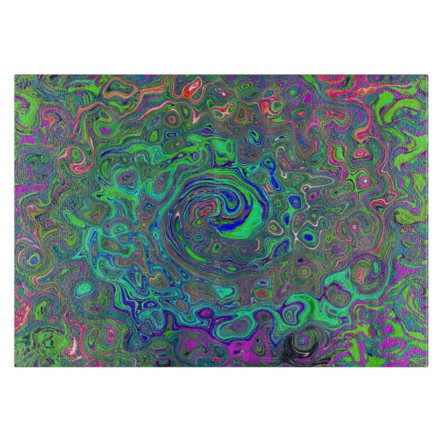Trippy Chartreuse and Blue Retro Liquid Swirl Cutting Board (Front)