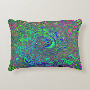 Trippy Chartreuse and Blue Retro Liquid Swirl Decorative Cushion