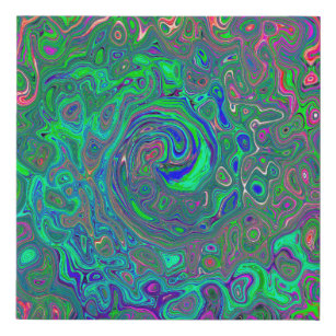 Trippy Chartreuse and Blue Retro Liquid Swirl Faux Canvas Print
