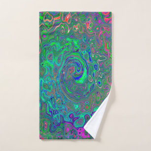 Trippy Chartreuse and Blue Retro Liquid Swirl Hand Towel