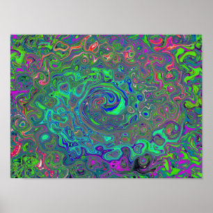 Trippy Chartreuse and Blue Retro Liquid Swirl Poster