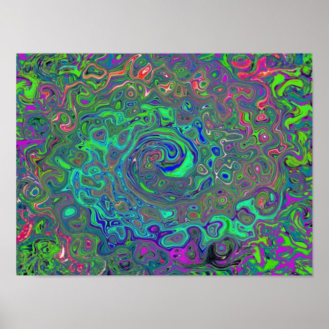 Trippy Chartreuse and Blue Retro Liquid Swirl Poster (Front)