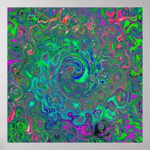 Trippy Chartreuse and Blue Retro Liquid Swirl Poster