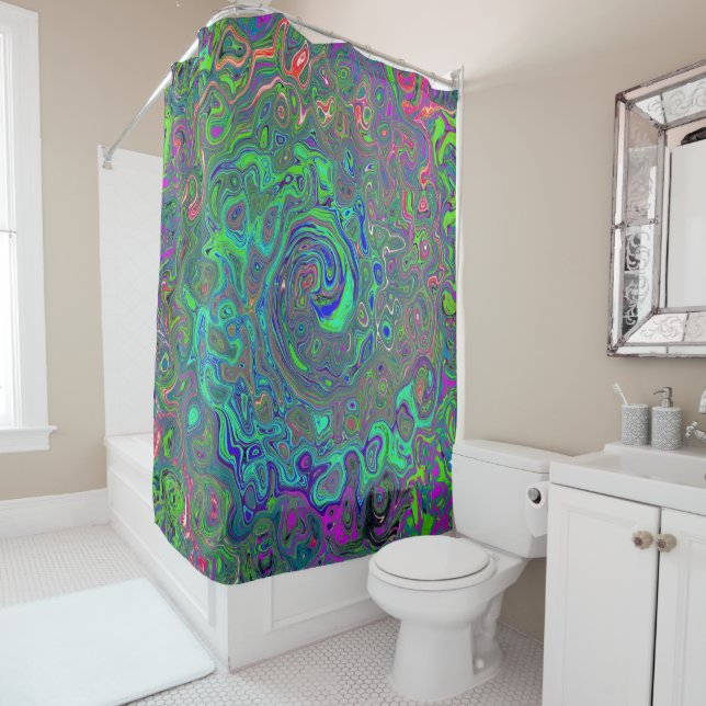 Trippy Chartreuse and Blue Retro Liquid Swirl Shower Curtain (In Situ)