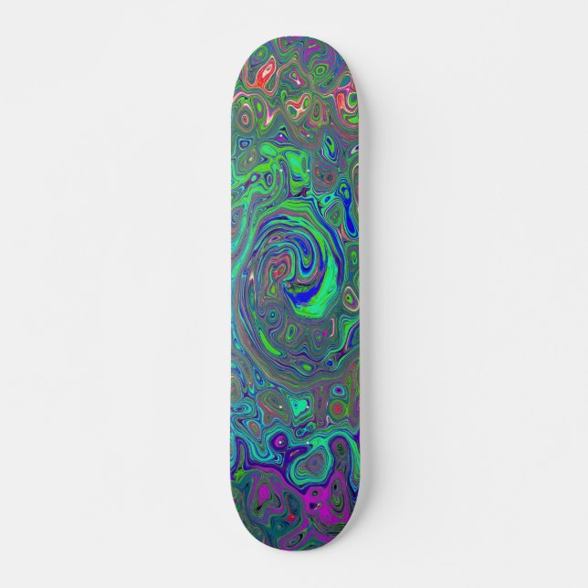 Trippy Chartreuse and Blue Retro Liquid Swirl Skateboard (Front)