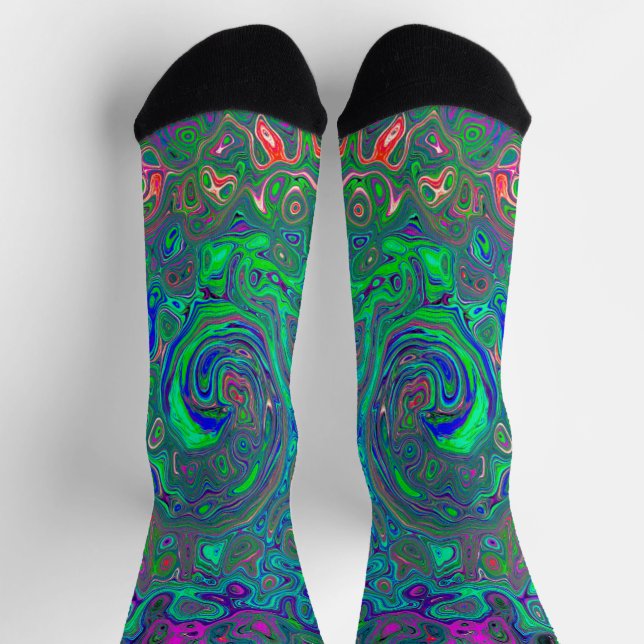 Trippy Chartreuse and Blue Retro Liquid Swirl Socks (Top)