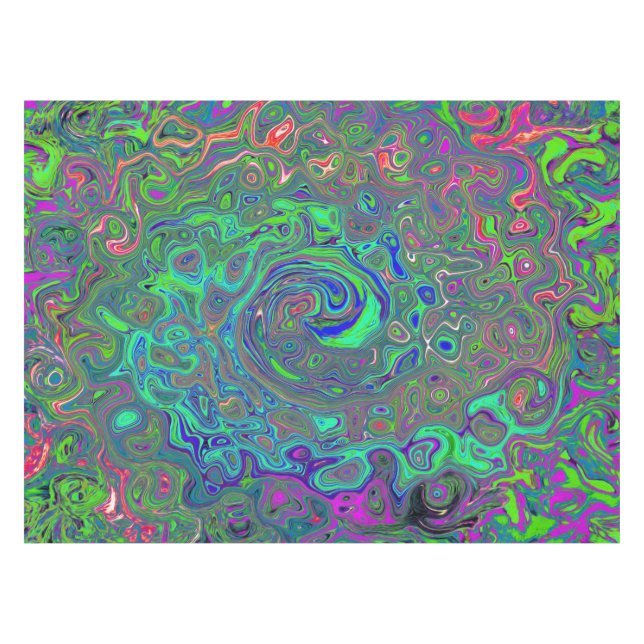Trippy Chartreuse and Blue Retro Liquid Swirl Tablecloth (Front (Horizontal))