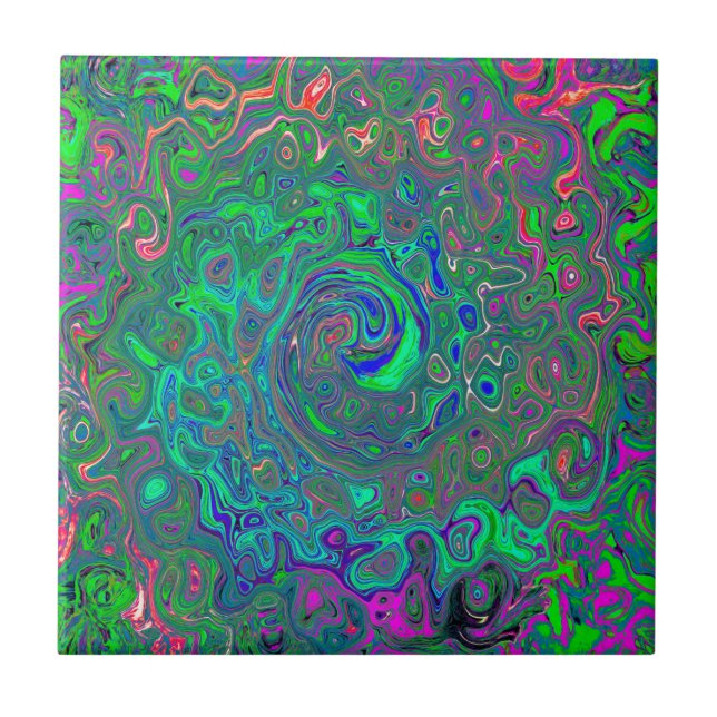 Trippy Chartreuse and Blue Retro Liquid Swirl Tile (Front)