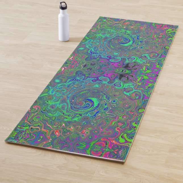 Trippy Chartreuse and Blue Retro Liquid Swirl Yoga Mat (In Situ)