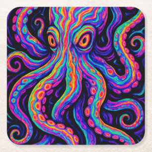 Trippy Colourful Octopus Square Paper Coaster