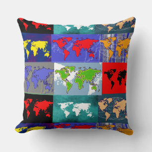 trippy colourful world maps pattern cushion