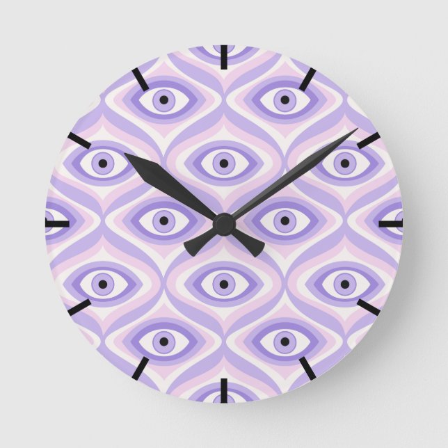 Trippy eye pattern pastel purple pink retro modern round clock (Front)
