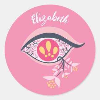 Trippy Eye Pink Floral Psychedelic Name Classic Round Sticker