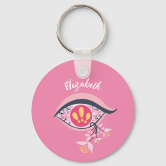 Trippy Eye Pink Floral Psychedelic Name Key Ring