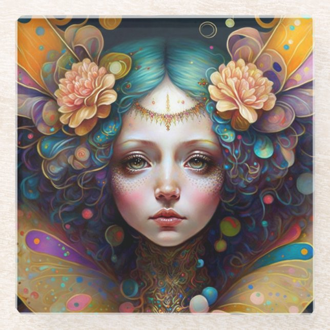 Trippy Fairy Fantasy Art Glass Coaster (Front)