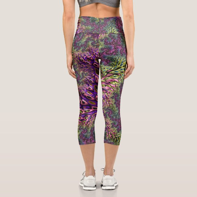 Trippy Funky Groovy Digital Abstract Fractal Art Capri Leggings (Back)